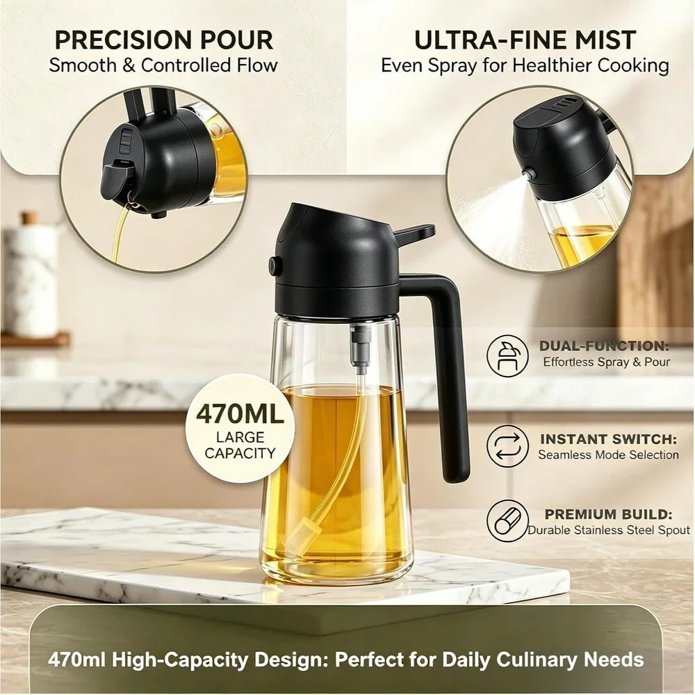 2-in-1 Olive Oil Sprayer Dispenser 16oz 470ml Glass Bottle Refillable BPA-Free